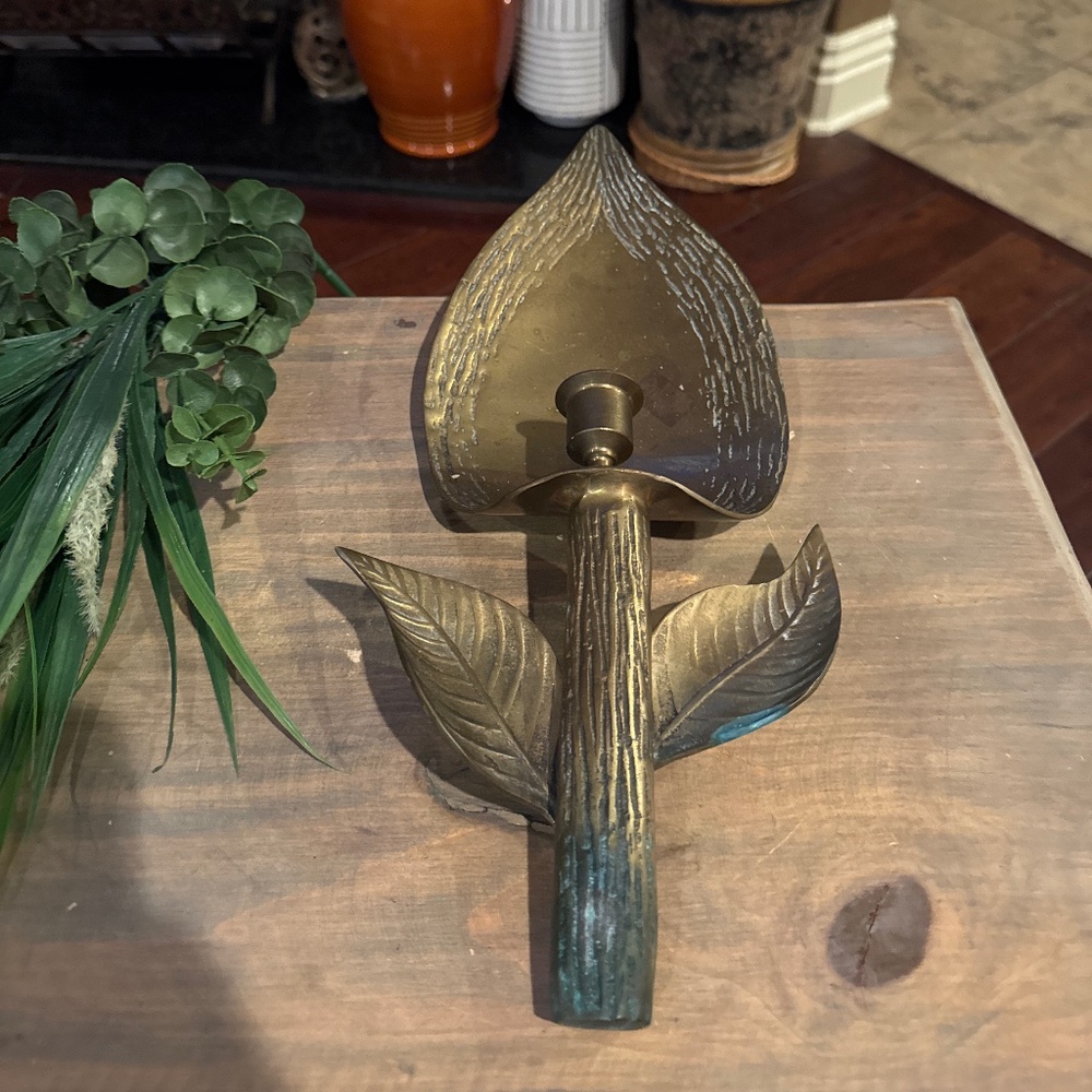 Vintage 1960s Rare Jack Houseman Brass Foliage Wall Sconce and Candle Holder.